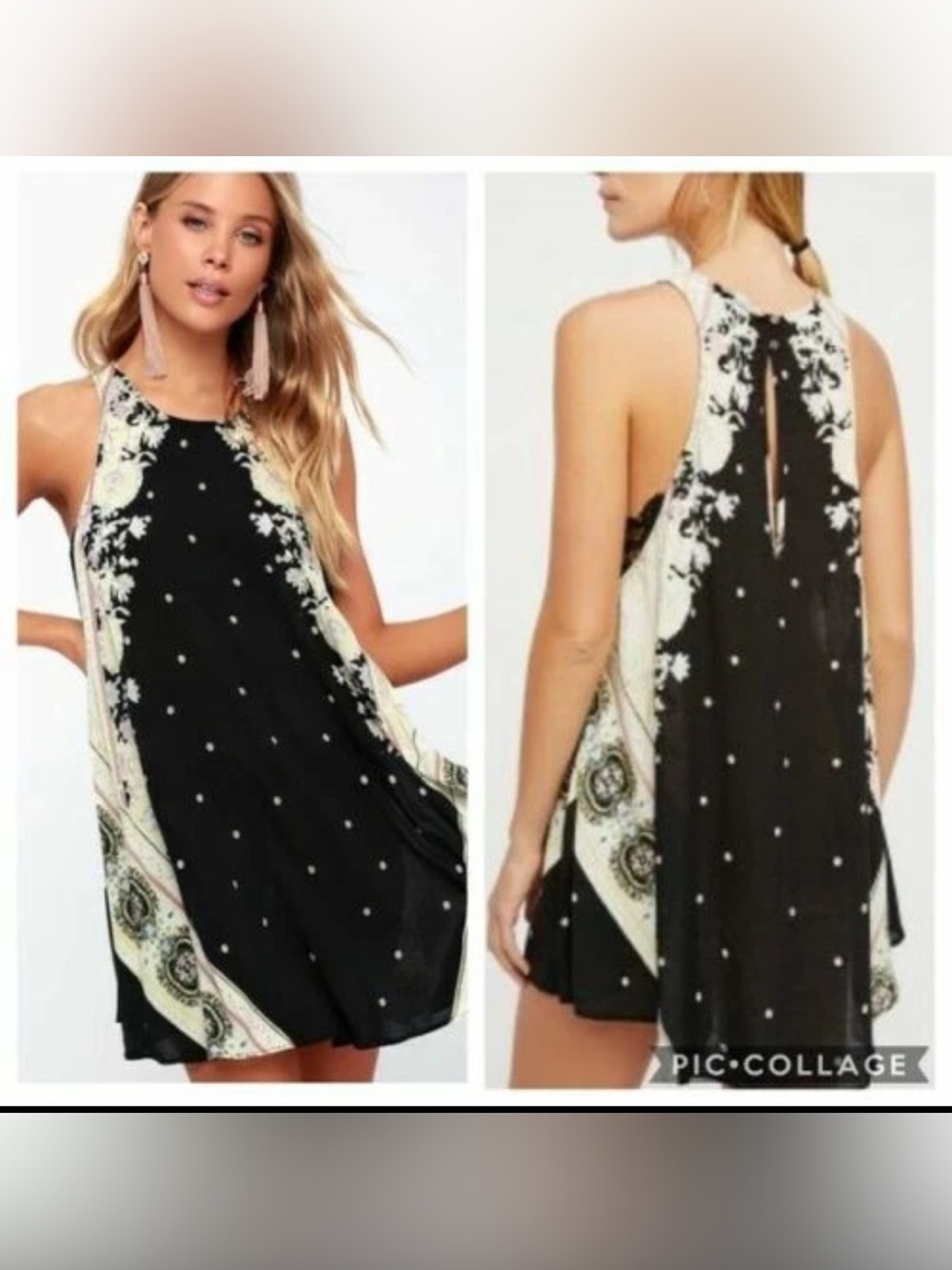 Intimately Free People M Darjeeling Black Floral Printed Lace Panel Swing Dress